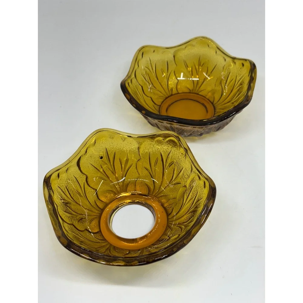VTG Indiana Glass Fairy Lamp Amber Leaf Pattern Two Piece Votive Candle Holder